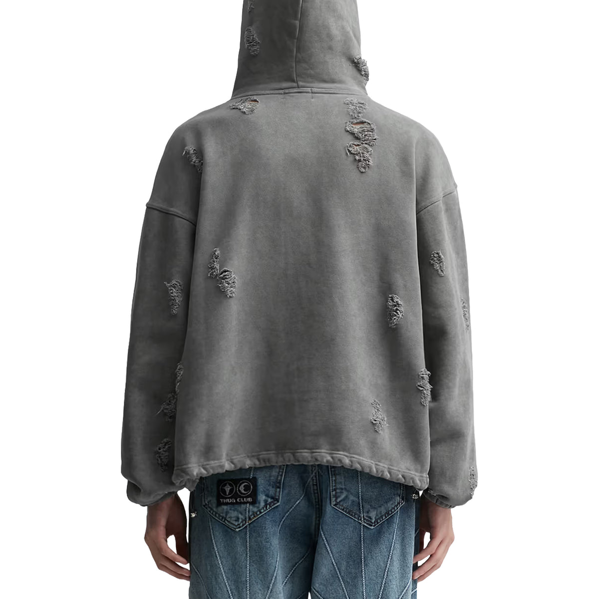 THUG CLUB Distressed Geometric Print Rock Hoodie Grey