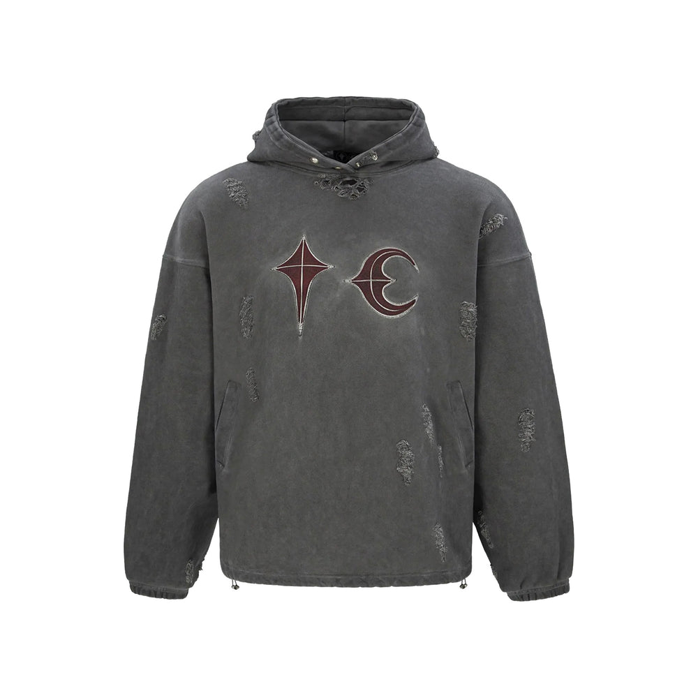 THUG CLUB Distressed Geometric Print Rock Hoodie Grey