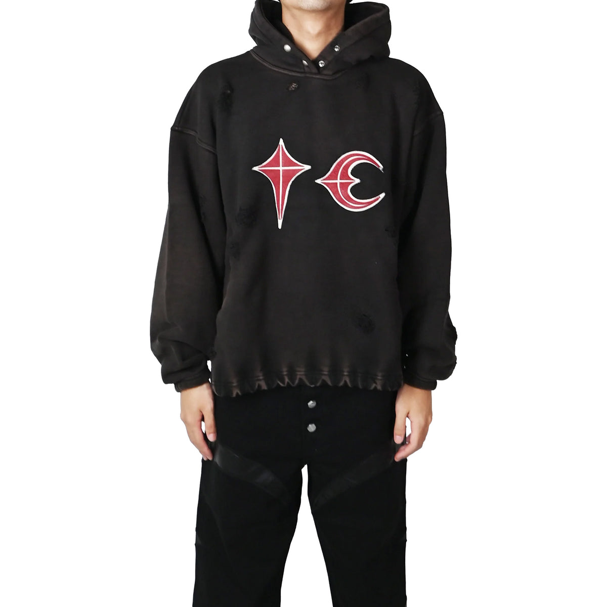 THUG CLUB Distressed Geometric Print Rock Hoodie Black