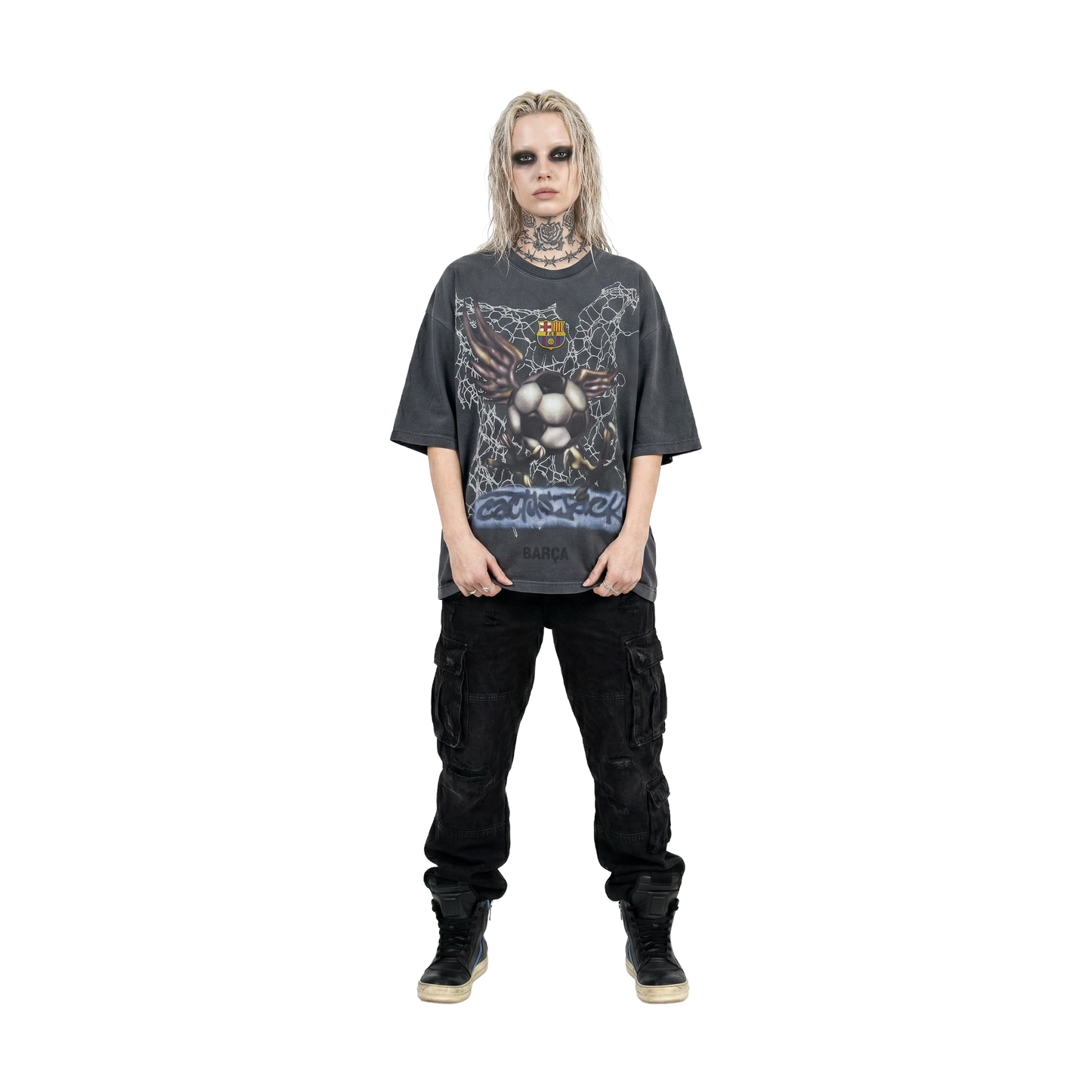 Travis Scott Cactus Jack x Futbol Club Barcelona Washed Spray Logo Tee Grey (SS25)