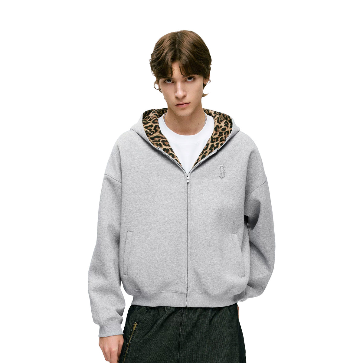 BONELESS Leopard Print Zip-Up Hoodie Flower Grey (SS26)