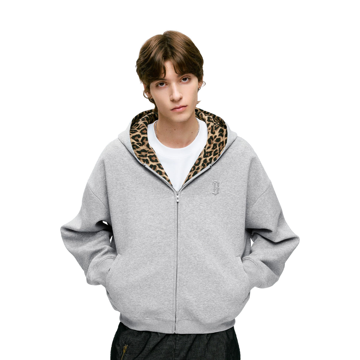 BONELESS Leopard Print Zip-Up Hoodie Flower Grey (SS26)
