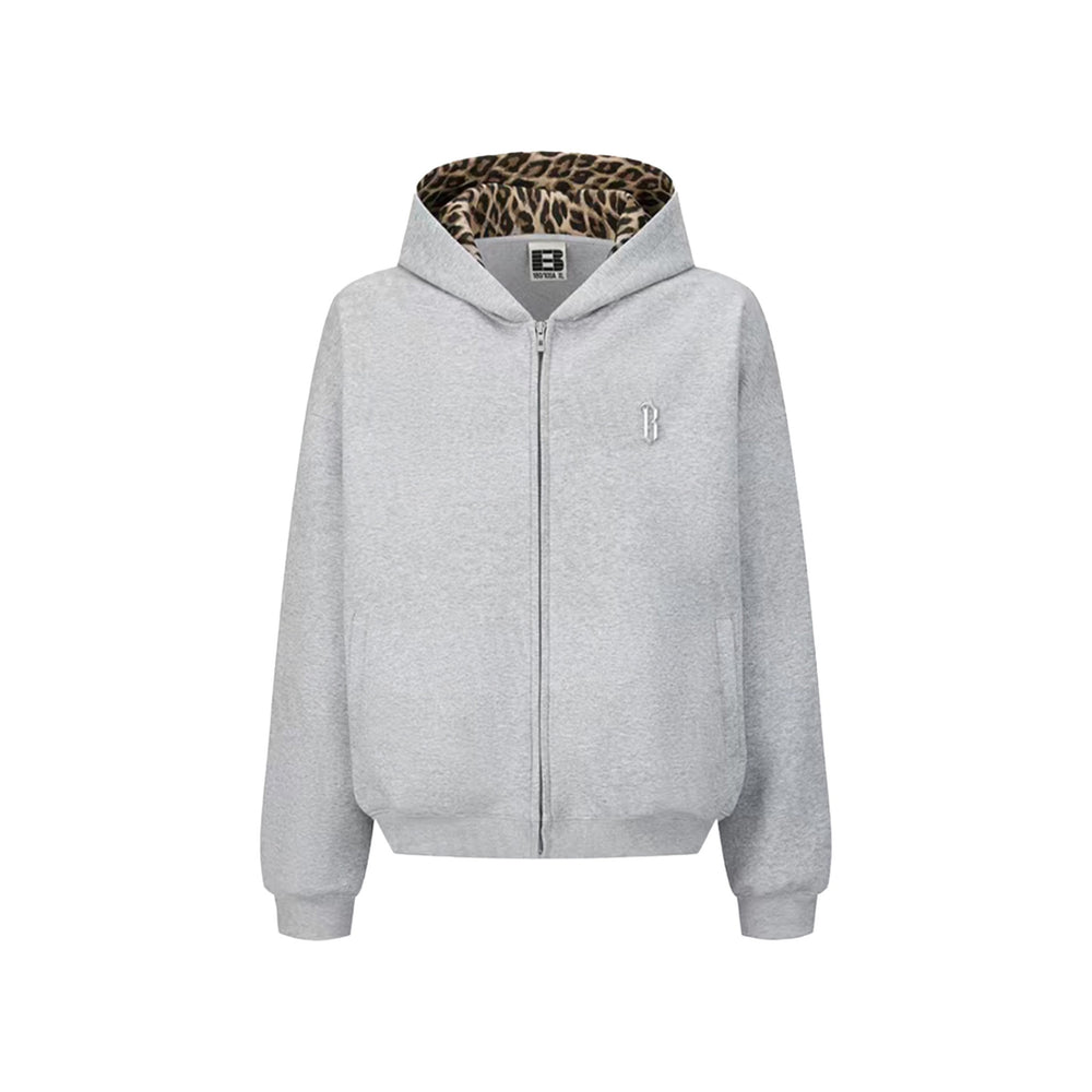 BONELESS Leopard Print Zip-Up Hoodie Flower Grey (SS26)