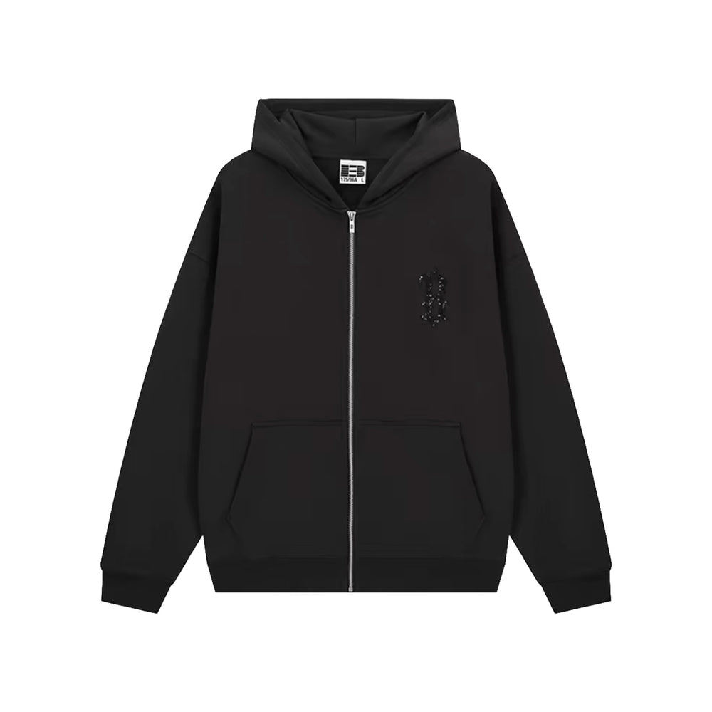 BONELESS Hollow Sequin Embroidered Gothic B Zip-Up Hoodie Black (FW25)