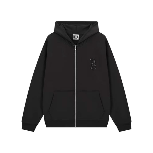 BONELESS Hollow Sequin Embroidered Gothic B Zip-Up Hoodie Black (FW25)