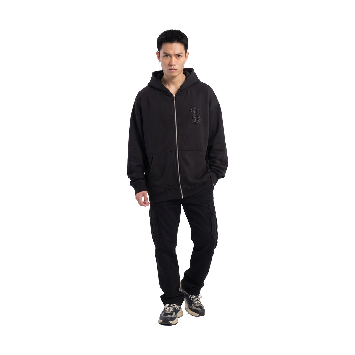 BONELESS Hollow Sequin Embroidered Gothic B Zip-Up Hoodie Black (FW25)
