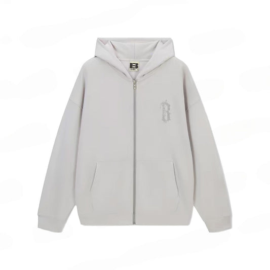 BONELESS Hollow Sequin Embroidered Gothic B Zip-Up Hoodie Slate Grey (FW25)