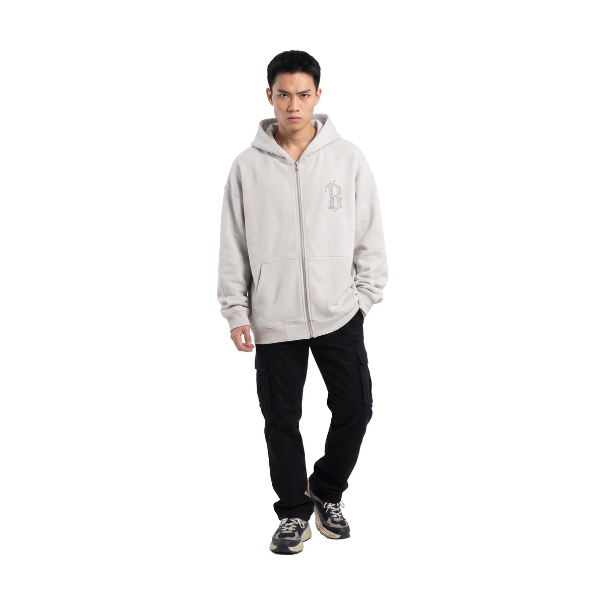 BONELESS Hollow Sequin Embroidered Gothic B Zip-Up Hoodie Slate Grey (FW25)